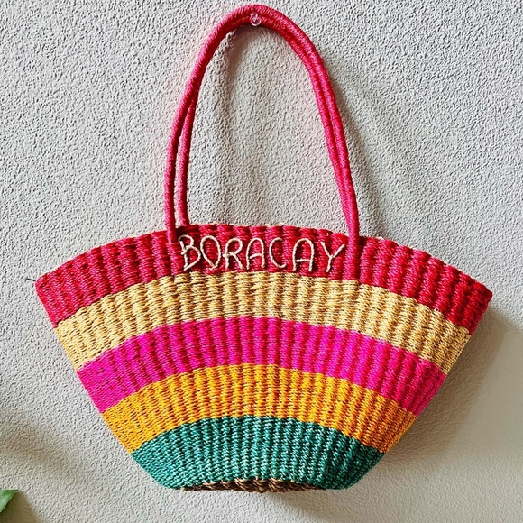 Bright Colorful Striped BORACAY Straw Zip Closure Boho Medium Tote Shoulder Bag - Picture 2 of 13